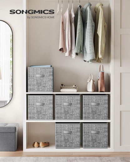 SONGMICS Storage Cubes, 11-Inch Non-Woven Fabric Bins with Double Handles, Set of 6, Closet Organizers for Shelves, Foldable, for Clothes, Cattail Gray UROB26LG