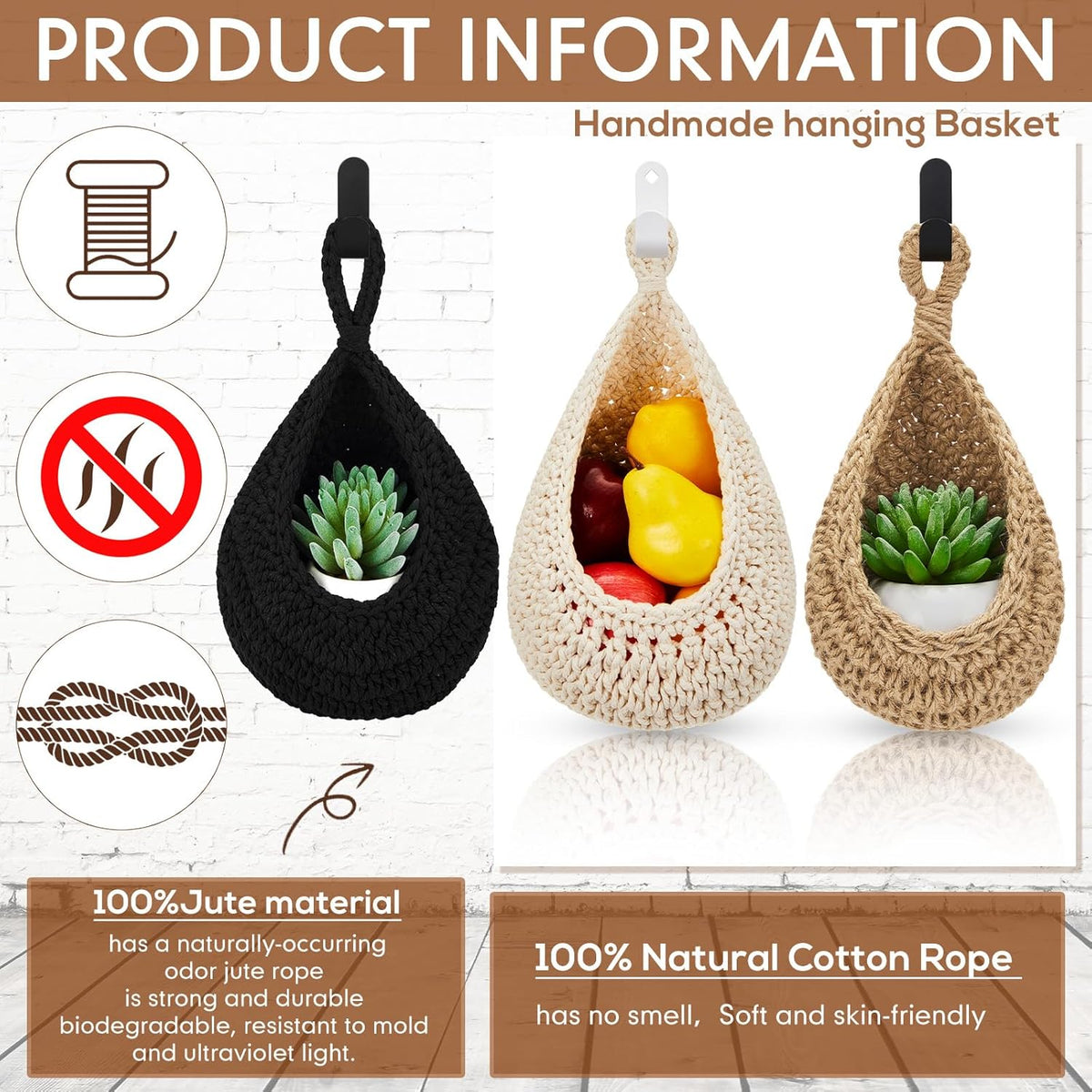 Honeydak Boho Decor Hanging Wall Baskets for Kitchen 3 Pack Teardrop Baskets with Hooks Storage Fruit Onion Vegetable Potato for Home 3 Sizes(Linen,Teardrop,Jute)