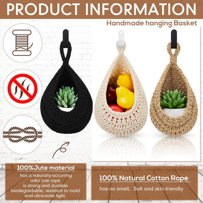 Honeydak Boho Decor Hanging Wall Baskets for Kitchen 3 Pack Teardrop Baskets with Hooks Storage Fruit Onion Vegetable Potato for Home 3 Sizes(Linen,Teardrop,Jute)
