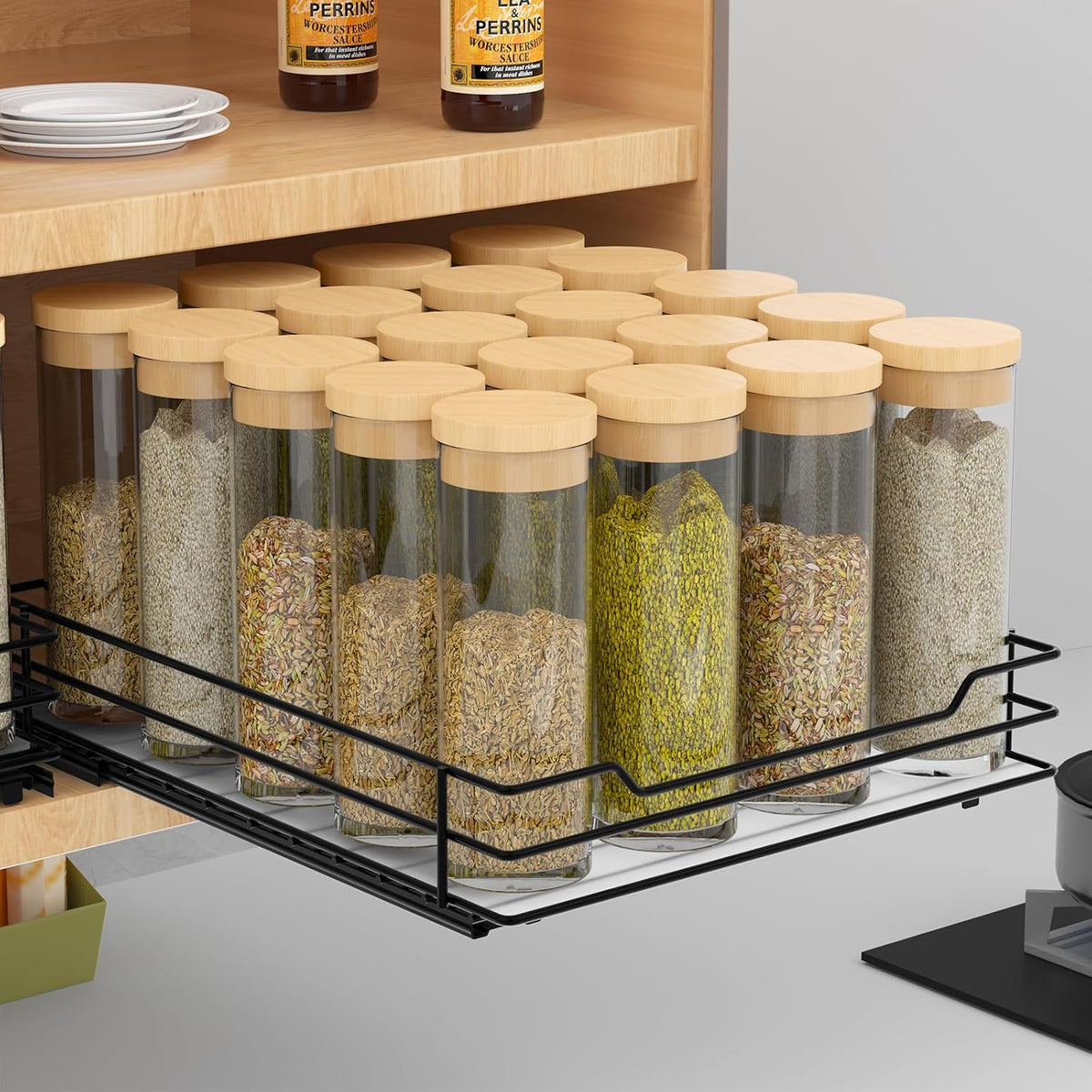 BOIVSHI 2-Tier Spice Rack, Pull Out Cabinet Organizer Spice Racks Height Adjustable Heavy Duty Metal Basket for Inside Cabinets & Pantry Closet(9.5''Wx10.5''Dx9.5''H)