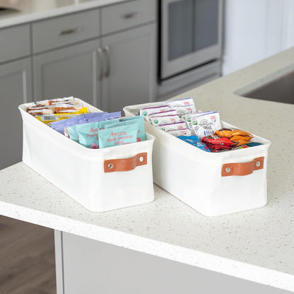 OrganiHaus 12x8in Canvas Storage Baskets 3 Pack | SMALL Fabric Bins for Shelves | Pantry & Bathroom Organizer | Beige/Off-White
