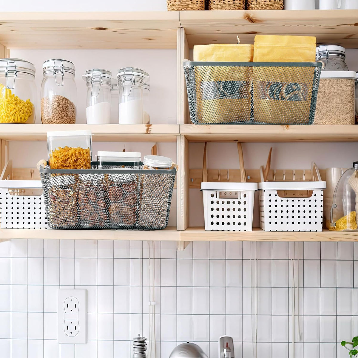 Ziliny 4 Pcs Metal Mesh Wire Baskets with Wooden Handles for Organizing, Pantry Organizers and Storage Steel Bin Kitchen Baskets for Fruit Potato Onion Snacks Bathroom Cabinet(Small,Black)