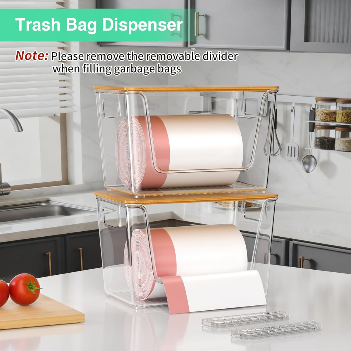 2 Set Pantry Organizers,Stackable Potato and Onion Storage Bins with Bamboo Lids,Trash Bag Dispenser for 4-13 Gal Bags,kitchen Countertop Organizer for Produce or Snacks
