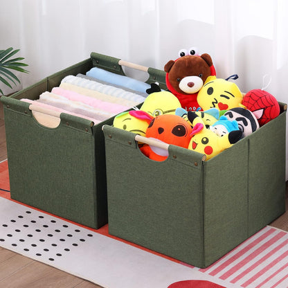HOONEX Large Collapsible Storage Bins, Linen Fabric, Pack of 2, Storage Baskets with Wooden Carry Handles and Sturdy Heavy Cardboard, for Home, Office, Car, Nursery, Black