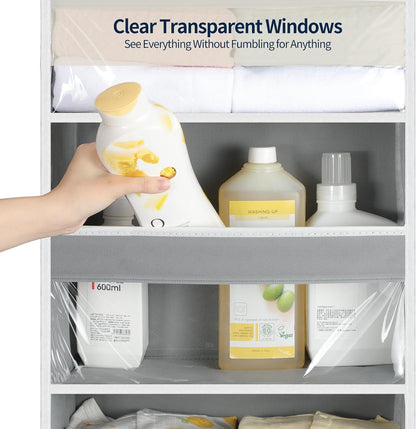 Yecaye Over the Door Organizer 5 Tiers, Heavy Duty Hanging Storage with 5 Large Clear PVC Pockets and 10 Side Pockets, 56lbs Capacity for Closet Door Bathroom Bedroom Nursery Dorm Laundry Room, Grey