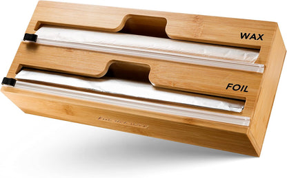 MELDEVO 2 in 1 Wrap Dispenser with Cutter and Labels, Plastic Wrap, Aluminum Foil and Wax Paper Dispenser for Kitchen Drawer, Bamboo Roll Organizer Holder, Compatible with 12" Roll