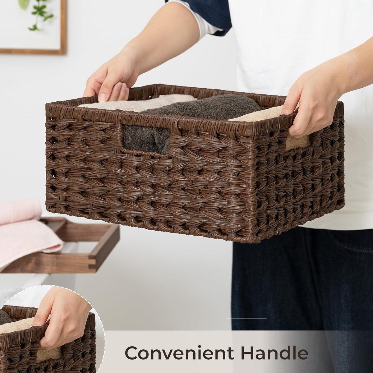 GRANNY SAYS Wicker Storage Baskets for Shelves, Wicker Baskets for Organizing, Waterproof Woven Basket for Pantry, Rectangle Basket for Shlef, Brown, 2-Pack