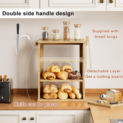 WOWLIVE Black Bread Box for Kitchen Countertop, Large 3 Layers Bread Storage Container for Homemade Bread with Window, Farmhouse Breadbox Organizer for Kitchen, Cabinet, Pantry (Black, Meduim)