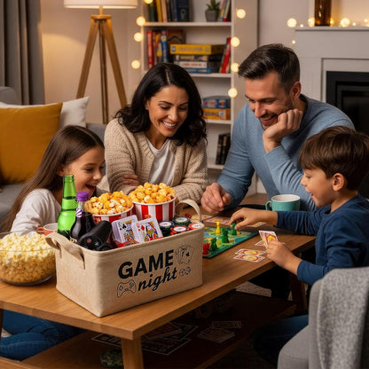 Snack Bar Organizer Basket, Burlap Fabric Snack Storage Holder with Waterproof Lining & Handles, Collapsible Bar Station Organizer Bin for Kitchen Pantry Cabinet Home Movie Night Party