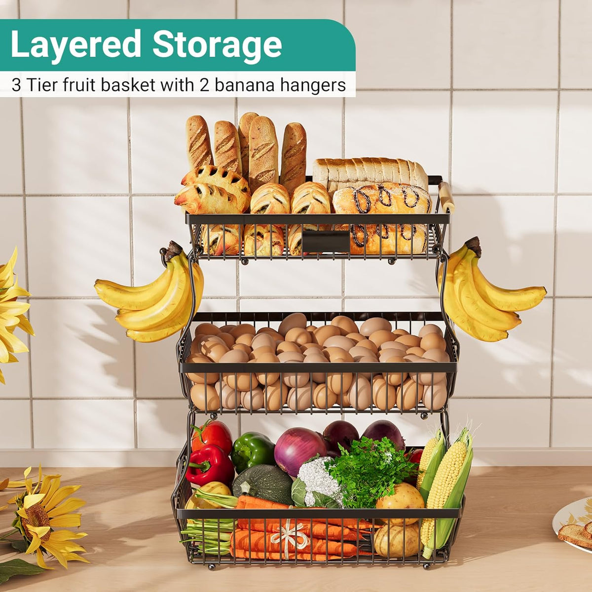 2 Tier Fruit Basket for Kitchen Counter with 2 Banana Hangers, Countertop Metal Bread Basket with Wooden Handle, Large Storage Stand for Vegetables, Snacks, Eggs, Produce Storage – Black