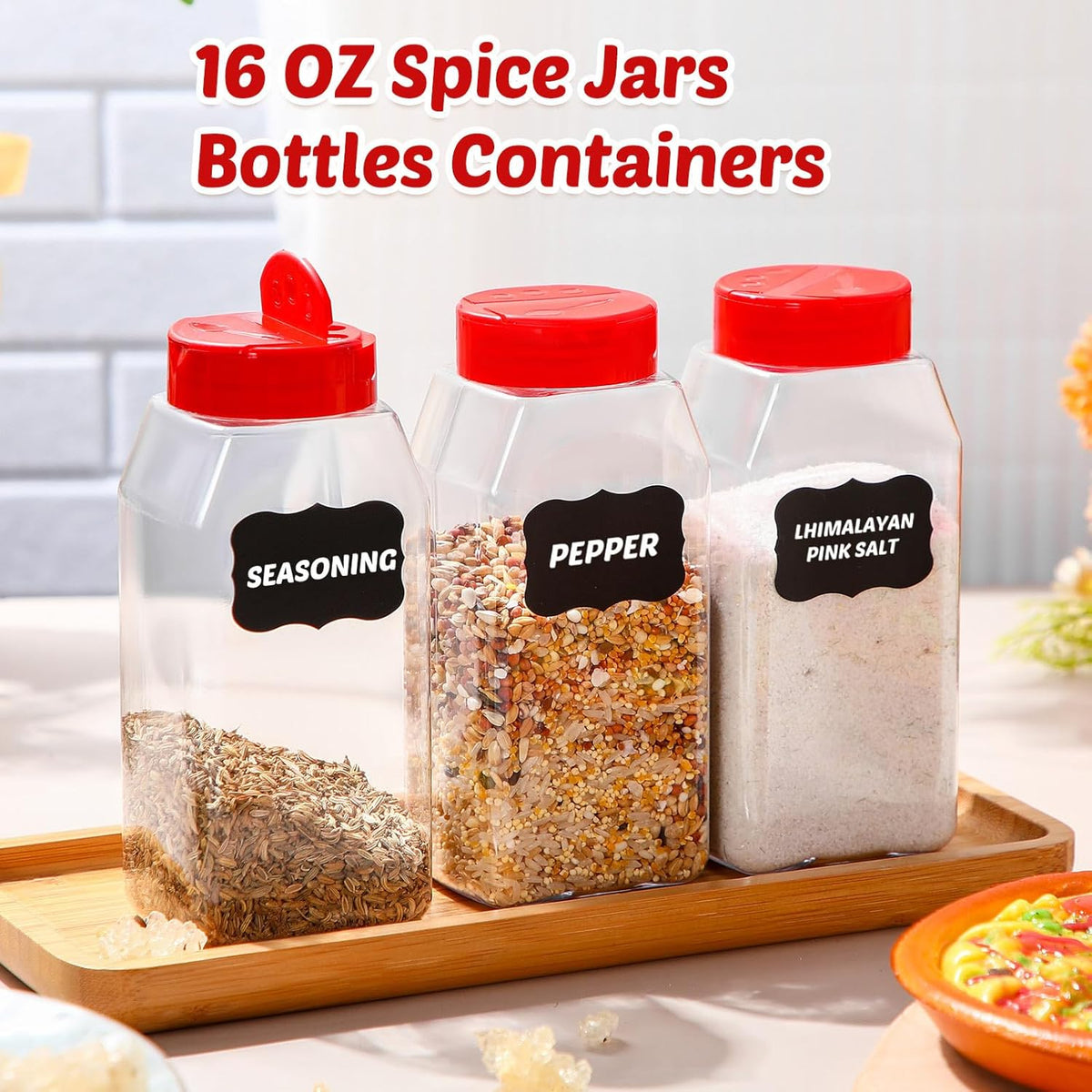 Mifoci 28 Pack 16 oz Plastic Spice Jars with Cap Square Plastic Bottle Containers with Shaker Lids and Stickers Large Seasoning Shaker Empty Powder Storage Container for Storing Salt Herbs (Black)