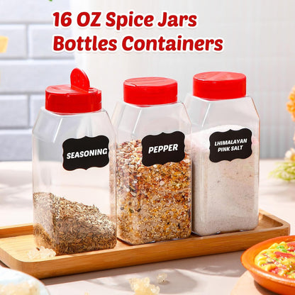 Mifoci 28 Pack 16 oz Plastic Spice Jars with Cap Square Plastic Bottle Containers with Shaker Lids and Stickers Large Seasoning Shaker Empty Powder Storage Container for Storing Salt Herbs (Black)