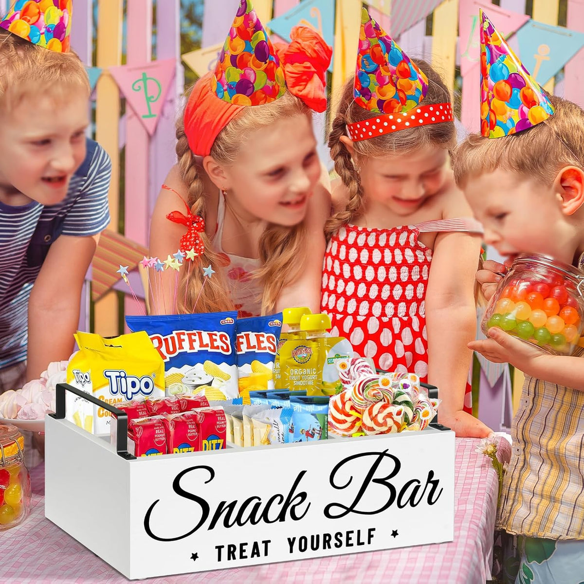 Snack Organizer for Countertop, Wood Pantry Storage Bins with Handles, Snack Bar Organizer for Kitchen, Office, 4 Compartment Food Container Snack Box with Drawer, Pantry Organizer for Chips, Candy