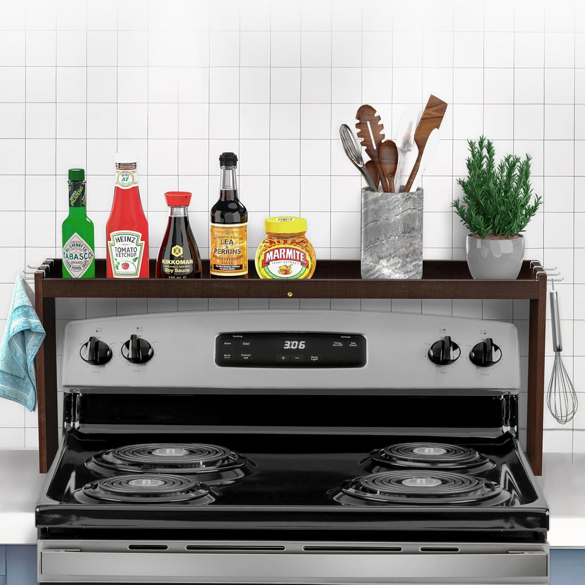 IIIOIIIA Bamboo Over the Stove Spice Shelf for Kitchen, 31.5" Spice Rack Organizer Shelf with 6 hooks, 11.4" Height Extra Storage Countertop, Easy to Assemble