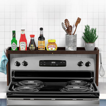 IIIOIIIA Bamboo Over the Stove Spice Shelf for Kitchen, 31.5" Spice Rack Organizer Shelf with 6 hooks, 11.4" Height Extra Storage Countertop, Easy to Assemble