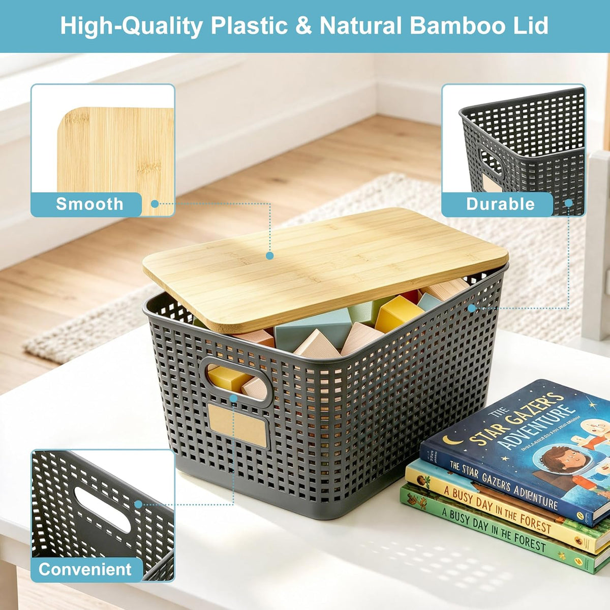 Bagnizer Small Plastic Storage Bins with Bamboo Lids 5.2qt Stackable Box Basket Pantry Decorative Containers Cute with Labels for Organizing Desktop Closet Office Cream White of 10*7.2*4.1"