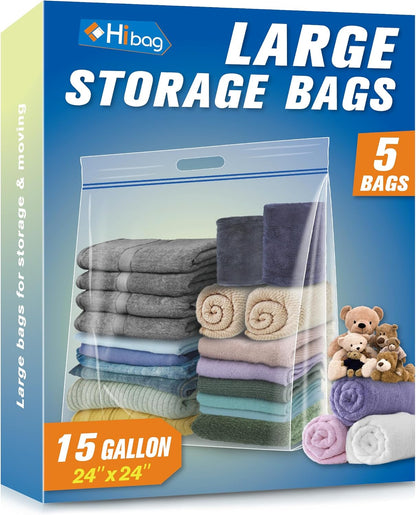 HIBAG 25 Gallon Jumbo Storage Bags, 35” x 24” Resealable Clear Bags with Handle, Extra Large XL Heavy Duty for Clothes Pillow Travel Moving, Pack of 3