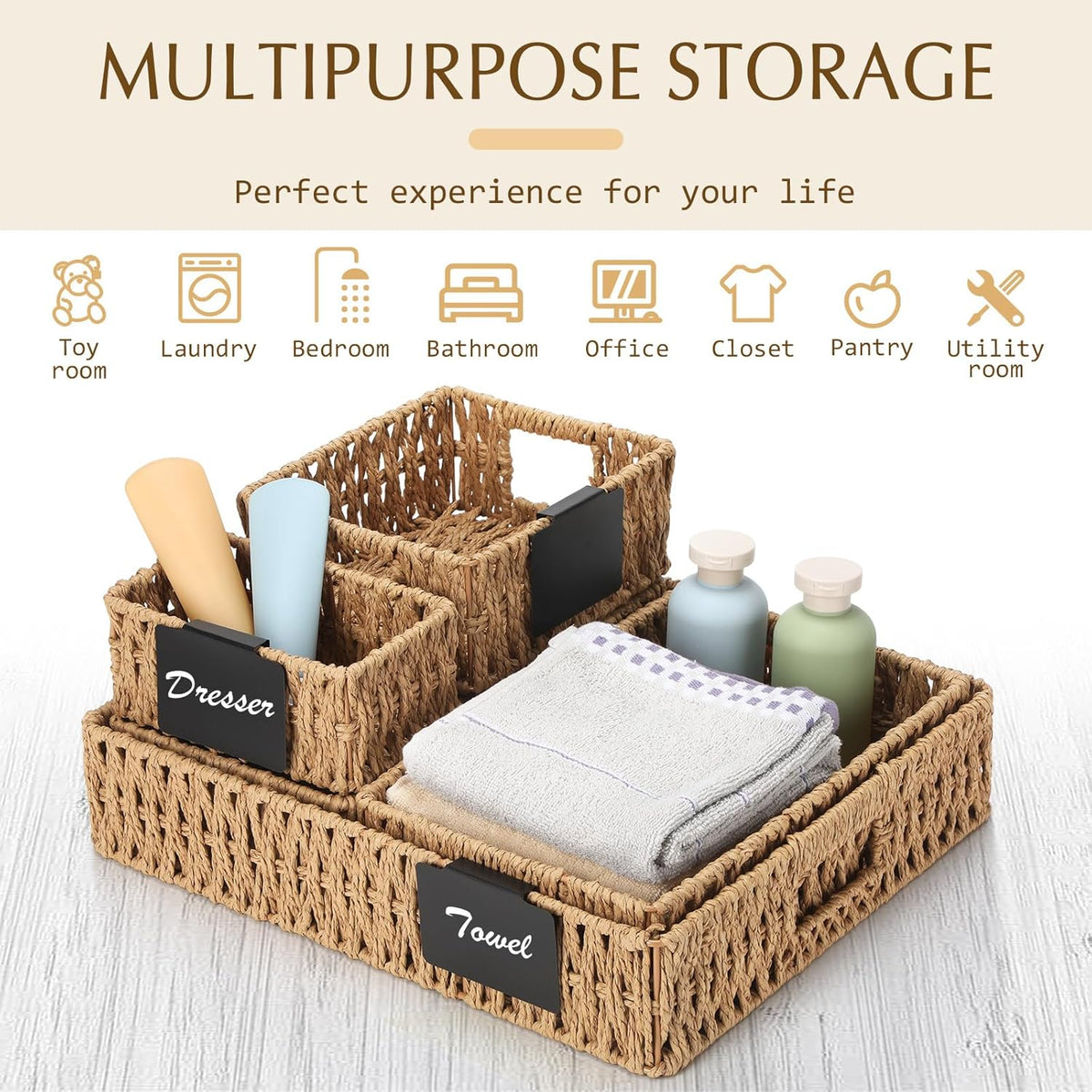 Marsui 9 Pcs Wicker Storage Baskets for Pantry Organization with Handle Labels Handwoven Multi-size Dark Brown Small Organizer Baskets Storage Bin Container for Shelves Closet Toilet Christmas Holiday