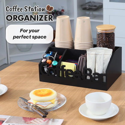 Coffee Bar Organizer for Countertop – Wooden Coffee Caddy with Compartments for Pods, Sugar Packets, and Accessories – Coffee Condiment Station Storage for Home and Office (Black)