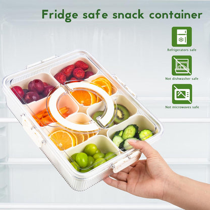 Patent Design Ribbed Snackle Box Container Snack Container Divided Serving Tray with Lid and Handle, 8 Divider Portable Snacklebox for Travel Beach for Charcuterie Veggie Fruit Candy,1 Pack