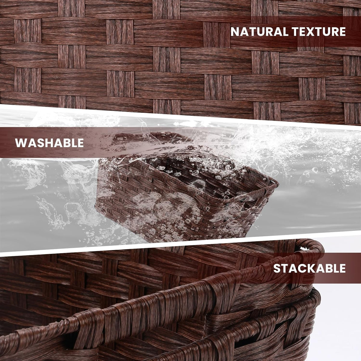 Onlytak Large Wicker Storage Basket, Metal Frame, Set of 2, Washable Waterproof, 15" x 10.3" x 5.2", Brown Color, Woven Basket for Pantry, Toilet, Bathroom, Bedroom, Patio