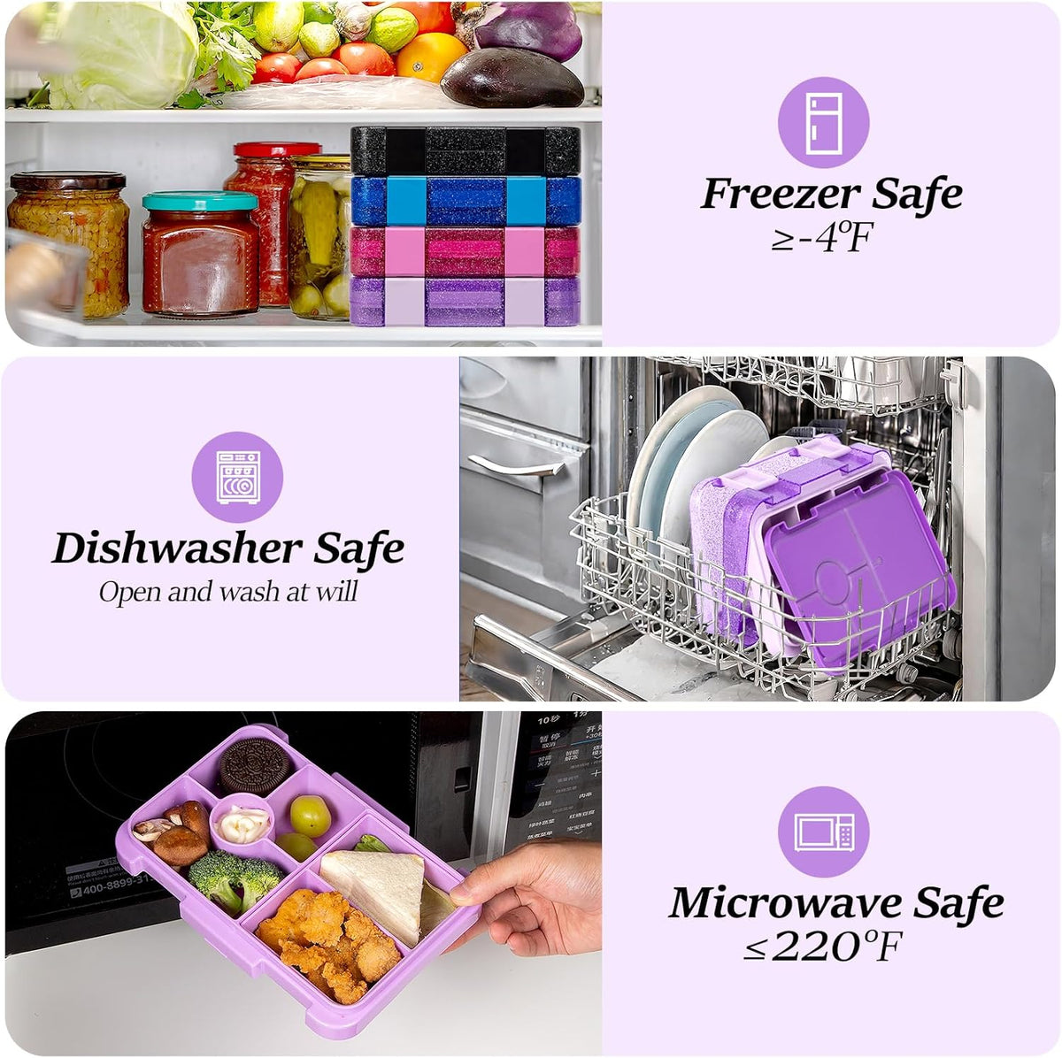 Bento Lunch Box for Kids, 6 Compartments BPA Free, Dishwasher Safe Back to School Snack Bento Lunch Containers Boxes, Ideal Portion Sizes for On-the-Go Meal, Ages 3+, School, Green Patterned