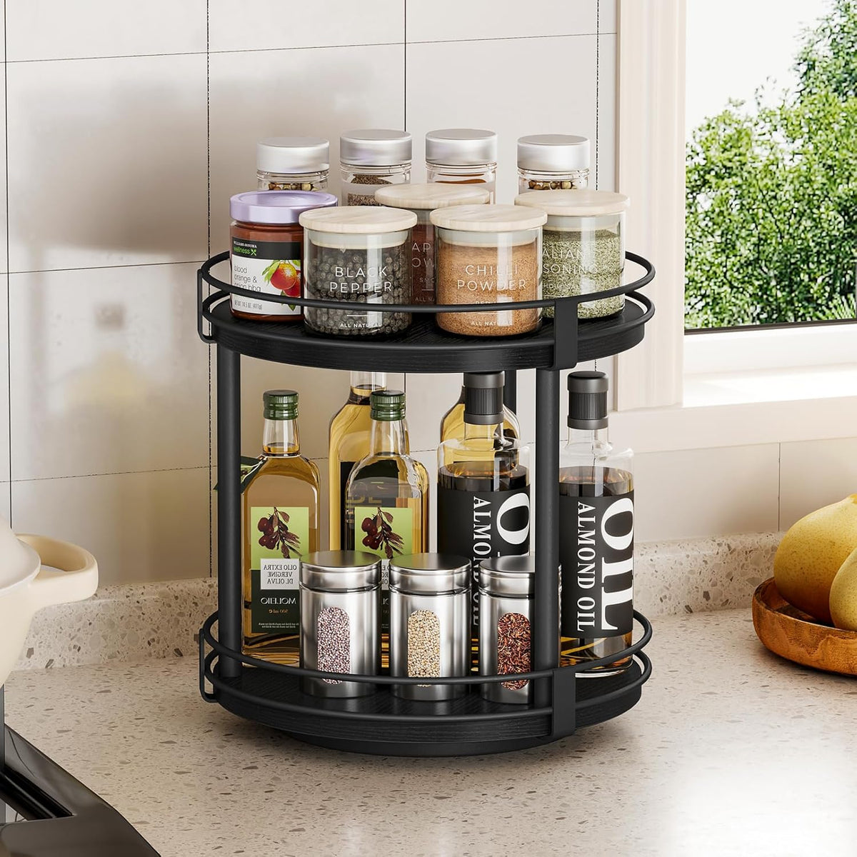 Snughome Rotating Spice Rack, 2 Tier Lazy Susan Organizer, Wood Kitchen Countertop Organizer, Brown Lazy Susan Turntable for Cabinet, 10.2" x 10.2" x 10.4"