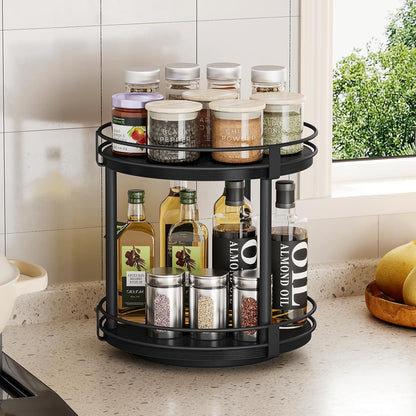 Snughome Rotating Spice Rack, 2 Tier Lazy Susan Organizer, Wood Kitchen Countertop Organizer, Brown Lazy Susan Turntable for Cabinet, 10.2" x 10.2" x 10.4"