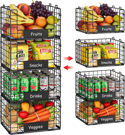 JKsmart 4 Pack XXL Stackable Wire Baskets with Handles for Pantry Storage and Organization,Fruit and Vegetable Basket with Name Plates,Metal Storage Bins for Snack Can Fruit Veggies