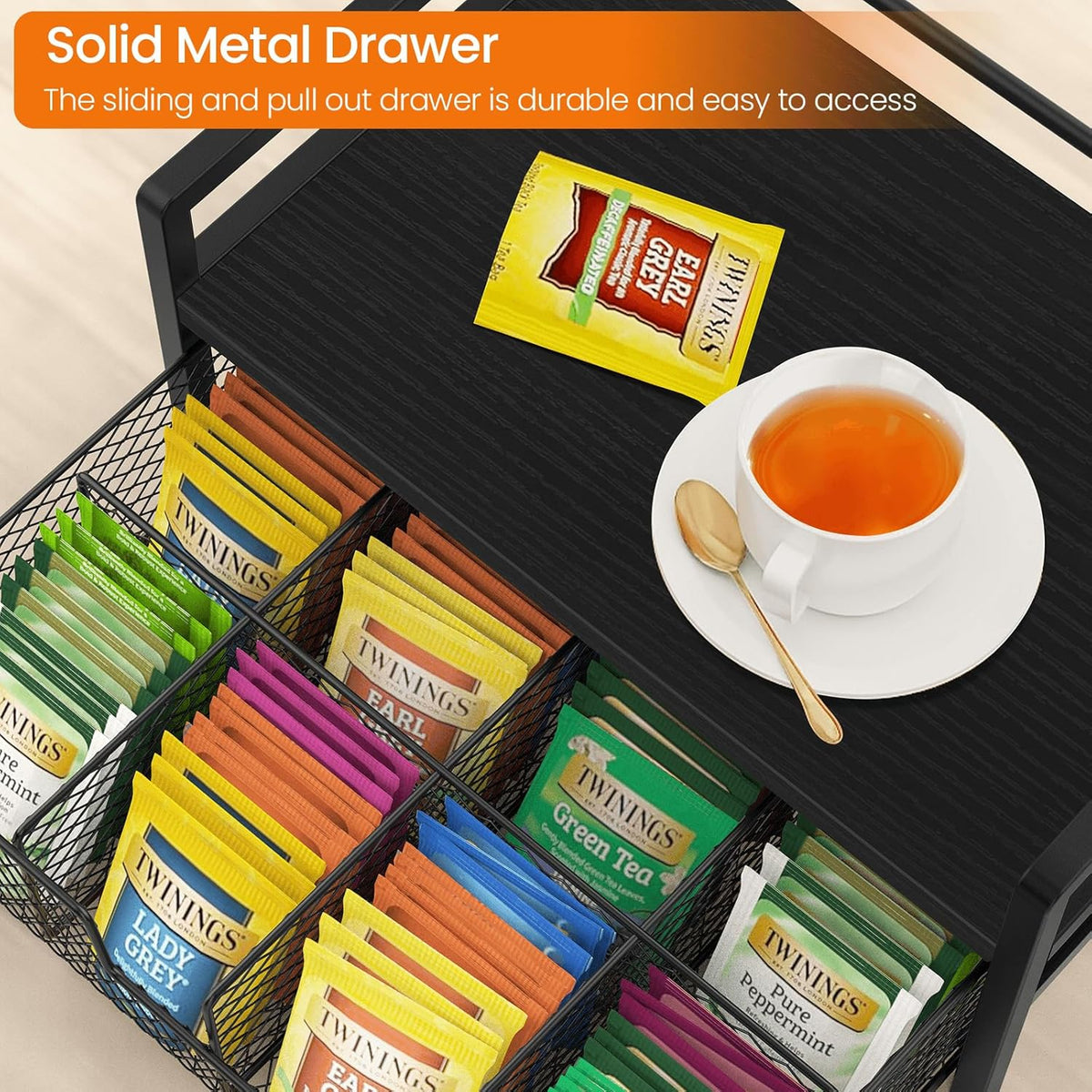 Homode Tea Bag Organizer, Wood Tea Organizers and Storage Chest, Teabag Holder with Storage Drawer,Tea Station Chest Display Container Box for Countertop Kitchen, Rustic Brown
