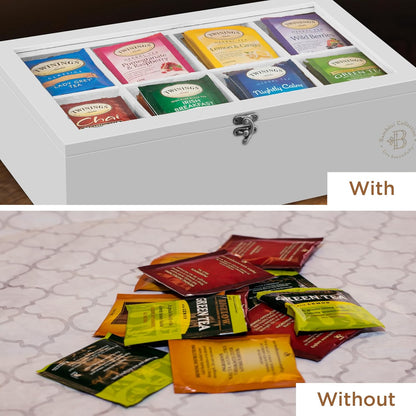 Tea Bag Organizer with Drawer - Bamboo Tea Box Organizer, 8-Compartment Tea Storage Box with Acrylic Lid and Magnetic Closure, Tea Box for Kitchen Counter, Gifts for Mom, Wife, Tea Lovers