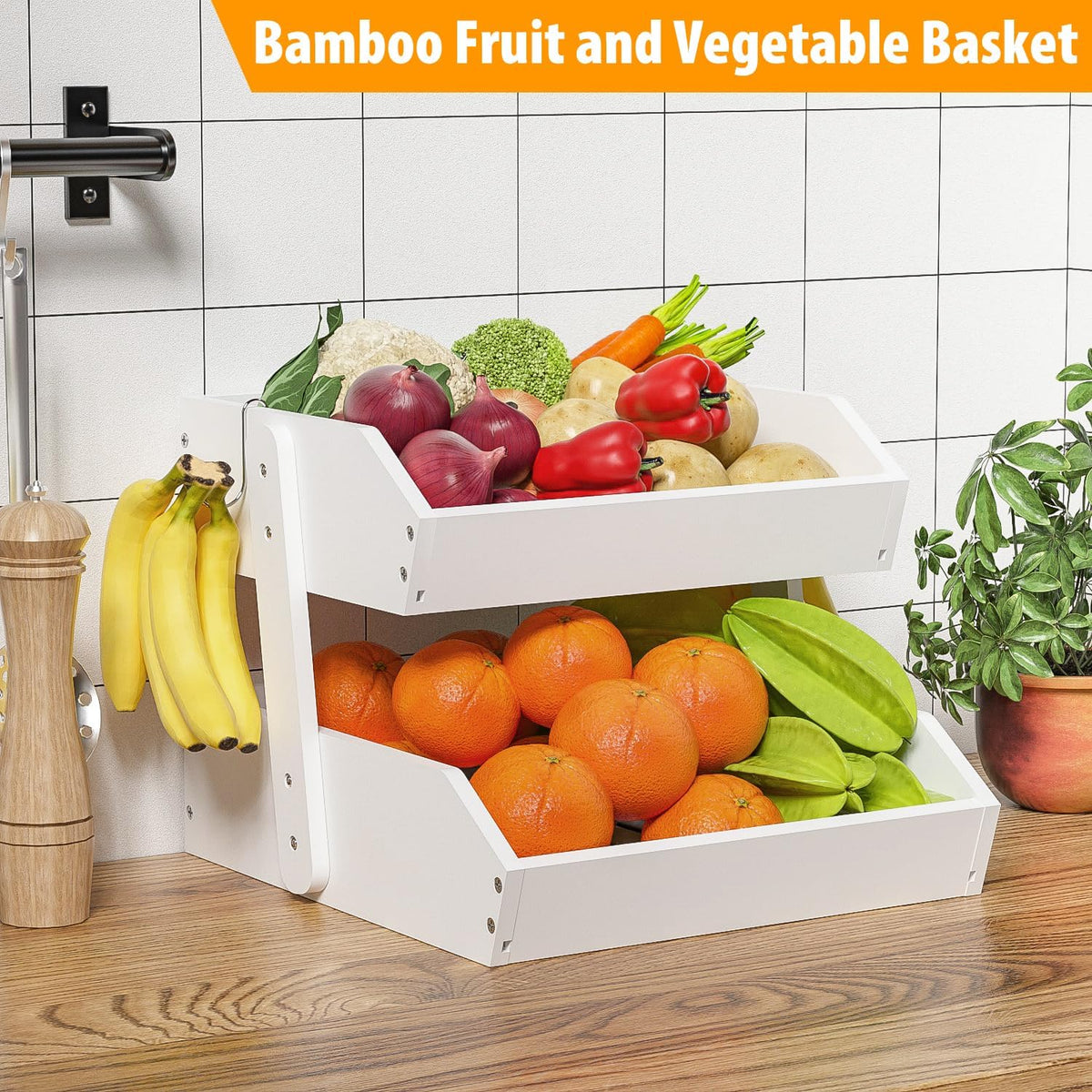 Gmtsl Bamboo Fruit Basket for Kitchen – 3 Tier Fruit Bowl For Kitchen Counter, Large Fruit Holder With 2 Banana Hangers, Idea For Fruit and Vegetable Storage, Bread Basket, Snack Organizer(BLACK)