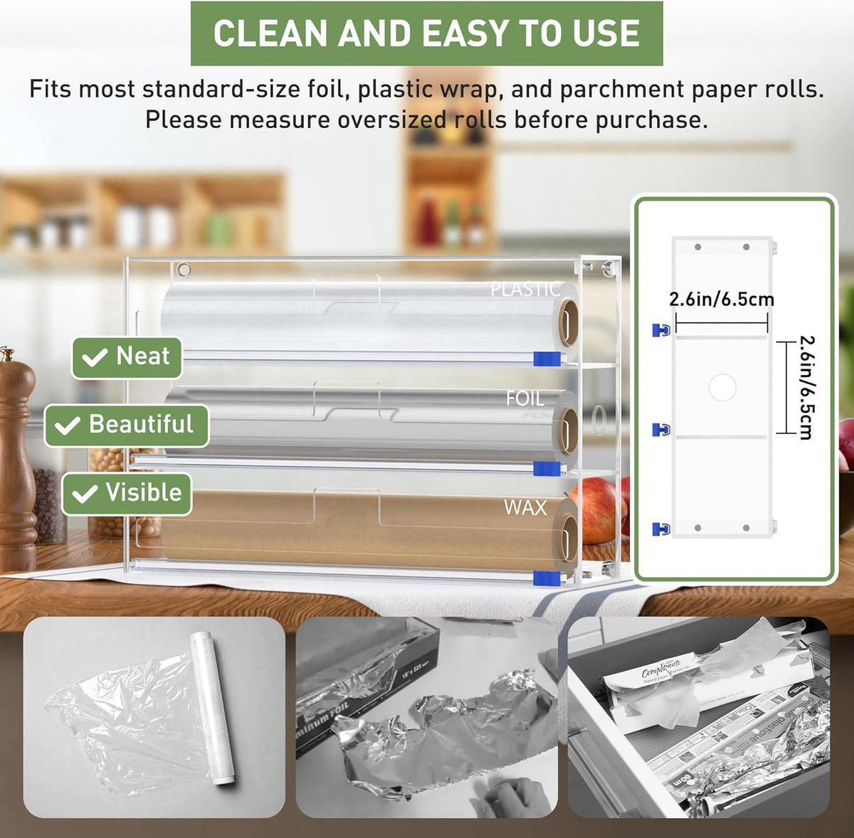 Kitchen Wrap Organizer, Foil and Plastic Wrap Organizer 3 in 1 with Sliding Cutter, Acrylic Wrap Dispenser for Drawer or Wall Mount, Fits 12 Inch Rolls