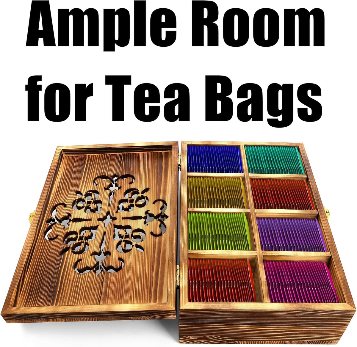 Coloch Wooden Tea Bag Storage Box with Carved Lid, 8-Compartment Tea Chest Organizer Spice Packets Container for Living Room, Kitchen, Office, Home Decor