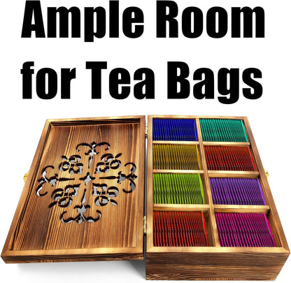 Coloch Wooden Tea Bag Storage Box with Carved Lid, 8-Compartment Tea Chest Organizer Spice Packets Container for Living Room, Kitchen, Office, Home Decor