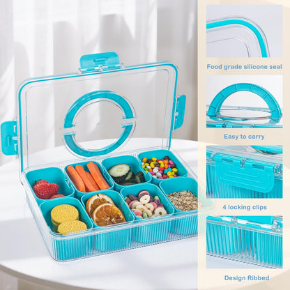Patent Design Ribbed Snackle Box Container Snack Container Divided Serving Tray with Lid and Handle, 8 Divider Portable Snacklebox for Travel Beach for Charcuterie Veggie Fruit Candy,1 Pack