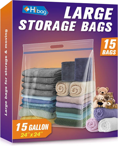 HIBAG 25 Gallon Jumbo Storage Bags, 35” x 24” Resealable Clear Bags with Handle, Extra Large XL Heavy Duty for Clothes Pillow Travel Moving, Pack of 3