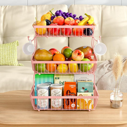 2 Tier Fruit Basket for Kitchen Counter with 2 Banana Hangers, Countertop Metal Bread Basket with Wooden Handle, Large Storage Stand for Vegetables, Snacks, Eggs, Produce Storage – Black