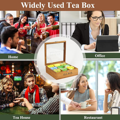 Tea Box Organizer,Wood Tea Bag Holder Organizer,Modern Teas Bag Storage with 9 Compartments and Glass Cover for Home Office Gift