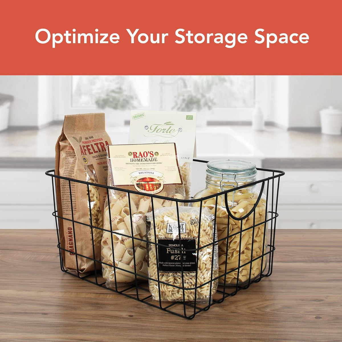 Spectrum Large Wire Basket with Handle Black Metal Utility Storage Bin for Organizing Kitchen Pantry Cabinets Closet and Garage Shelves, Steel Metal Basket Storage Organizer Bin with Handle