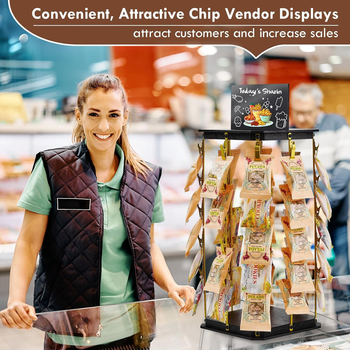 Pinzoveco Chip Rack Display Stand, 5 Tiers 40 Clips Snack Organizer for Office Desk, 360° Rotating Wooden Base Chip Holder Candy Display for Concession Stand, Countertop, Party, With Message Board