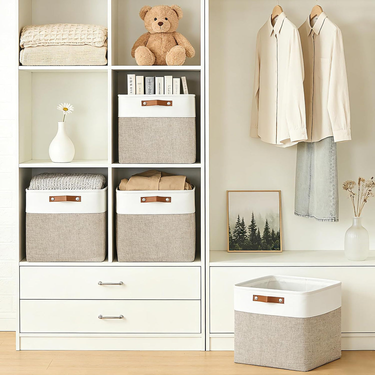 Bagnizer Large Fabric Storage Baskets | 50L Storage Bins, Decorative Linen Closet Baskets with Handles for Organizing, Shelf, Toys, Clothes, Home, Office, Nursery, 17x12x15Inches (Grey&White)