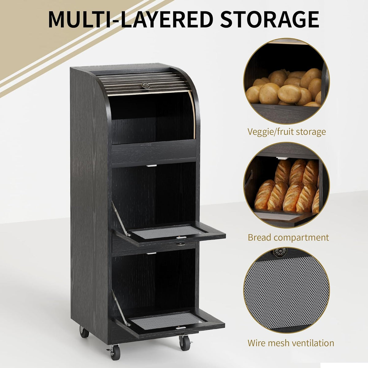 Movable Potato and Onion Storage Box with Wheels,Wooden Vegetable Storage Box,Food Storage Room with Grocery Area,Sliding Design,Modern Farmhouse Style，Suitable for Kitchen (potato bin-Walnut-02)