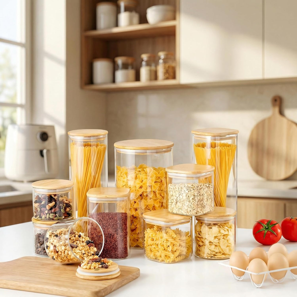 Extra Large Square Glass Flour & Sugar Storage Containers with Airtight Lids, 168 floz - Glass Jars with Bamboo Lids for Pantry, Air tight Food Storage Containers for Cereal, Pasta, Rice
