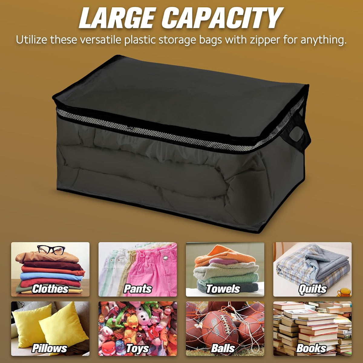 HIBAG 20 Gallon Large Storage Bag for Clothes, Zipper Clothing Storage Bag, Clear Organizer with Reinforced Handles, for Comforters Blankets Pillows Bedding