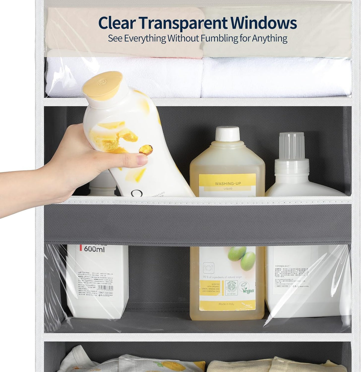 Yecaye Over the Door Organizer 5 Tiers, Heavy Duty Hanging Storage with 5 Large Clear PVC Pockets and 10 Side Pockets, 56lbs Capacity for Closet Door Bathroom Bedroom Nursery Dorm Laundry Room, Grey