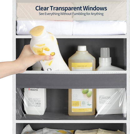 Yecaye Over the Door Organizer 5 Tiers, Heavy Duty Hanging Storage with 5 Large Clear PVC Pockets and 10 Side Pockets, 56lbs Capacity for Closet Door Bathroom Bedroom Nursery Dorm Laundry Room, Grey