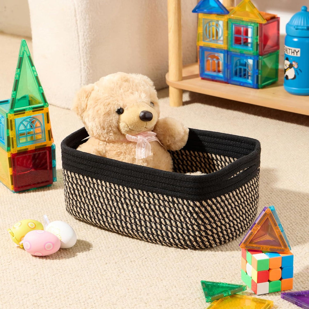 MiniArk Small Storage Baskets for Organizing | Closet Organizer Bins | Shelf Toy Basket | Woven Rope Baskets | Cube Decorative Box | Shallow Basket | L11.5xW7.5xH4.7| Brown