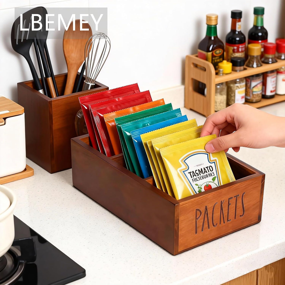 LBEMEY Packet Organizer, Acacia Wood Packet Storage Organizer with 3 Compartments,Farmhouse Kitchen Organization for Spice, Gravy, Taco, and Dressings Packets for Kitchen, Brown Labeled Packets