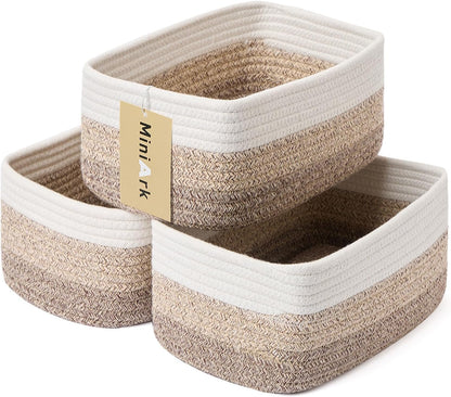 MiniArk Small Storage Baskets for Organizing | Closet Organizer Bins | Shelf Toy Basket | Woven Rope Baskets | Cube Decorative Box | Shallow Basket | L11.5xW7.5xH4.7| Brown